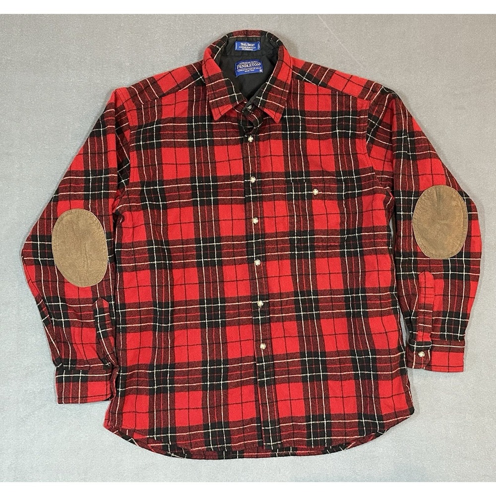 Pendleton Trail Shirt Flannel Mens Plaid‎ 100% Wool Elbow Patches Size XL
